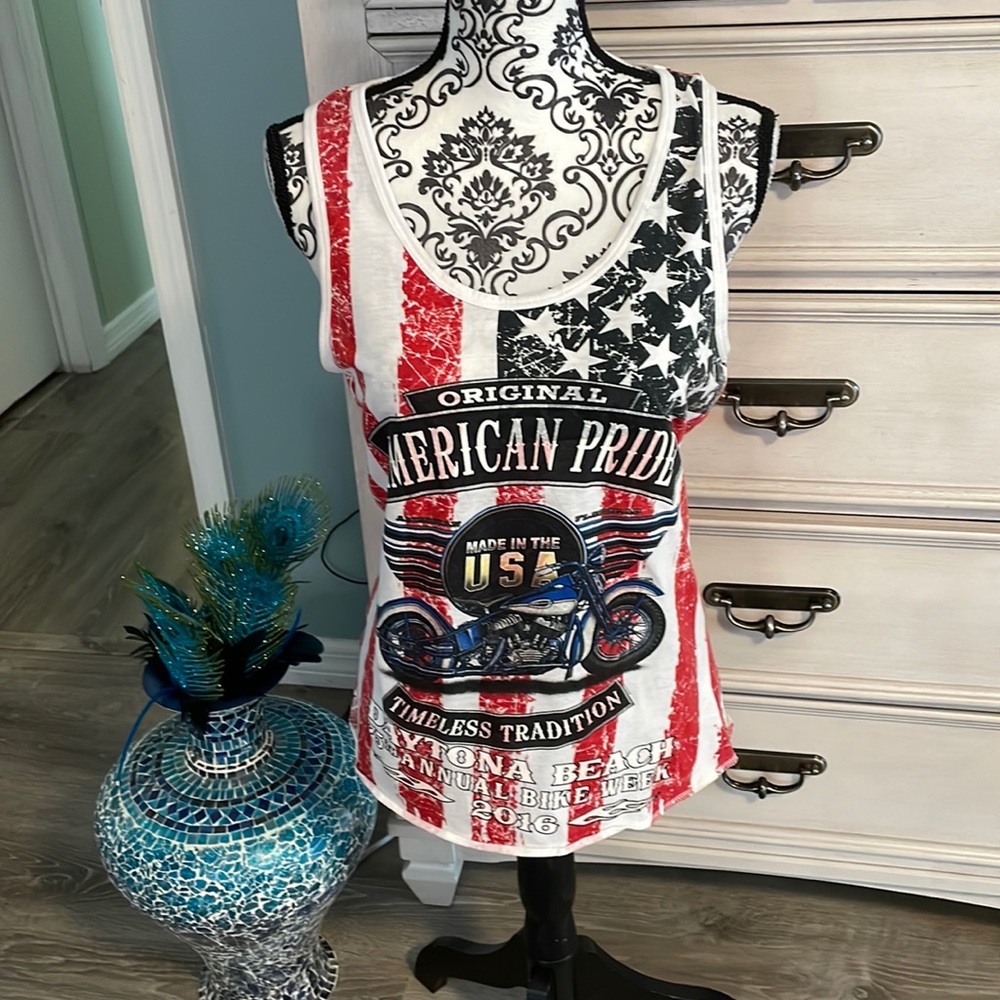 Women’s Miami style patriotic, bike week tank, stars, and stripes 🇺🇸